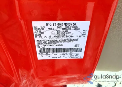 2007 Ford F150 Supercrew z USA, uszkodzony, nr VIN 1FTPW14V97KC95476